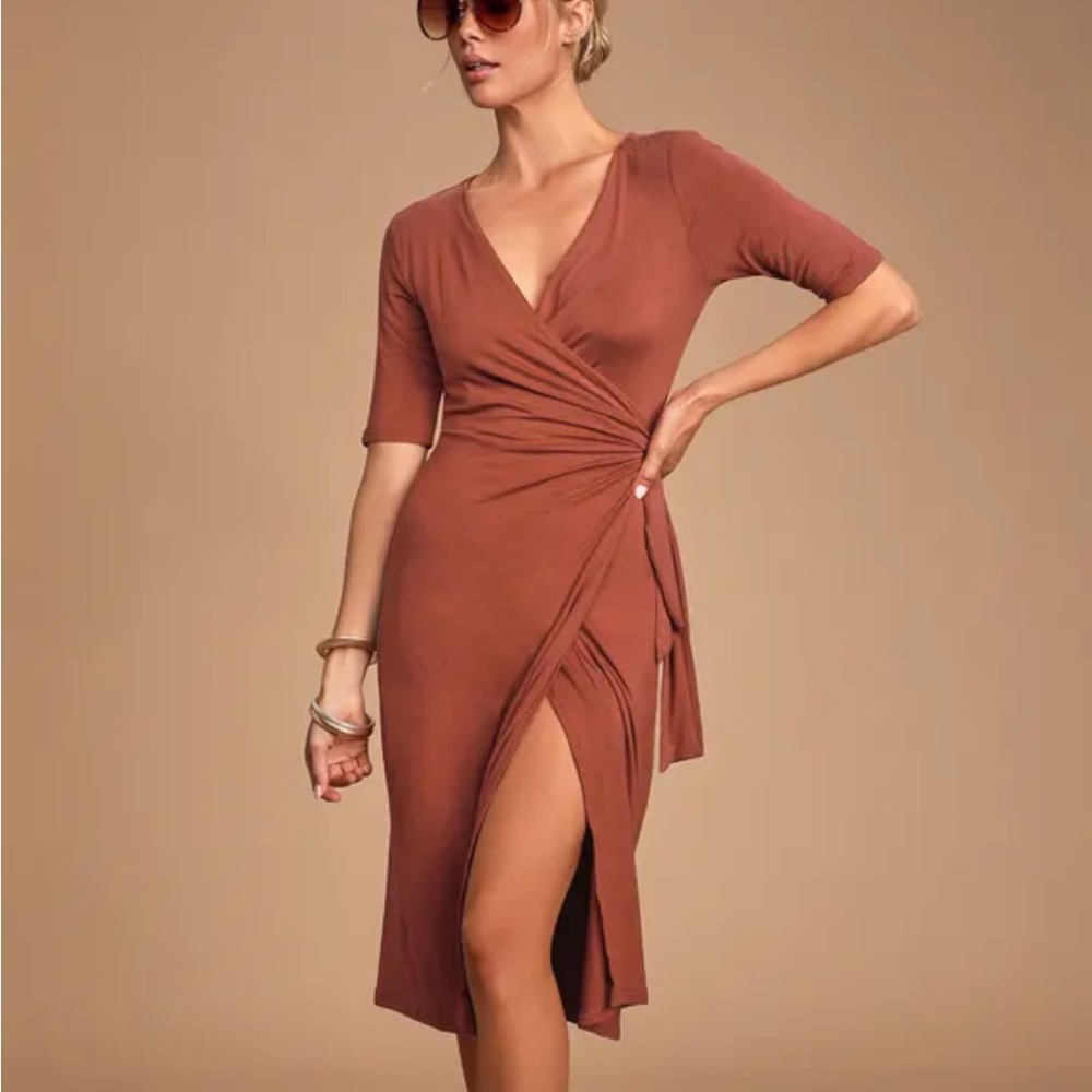Forget Me Knot Rust Red Midi Wrap Dress (NEW)